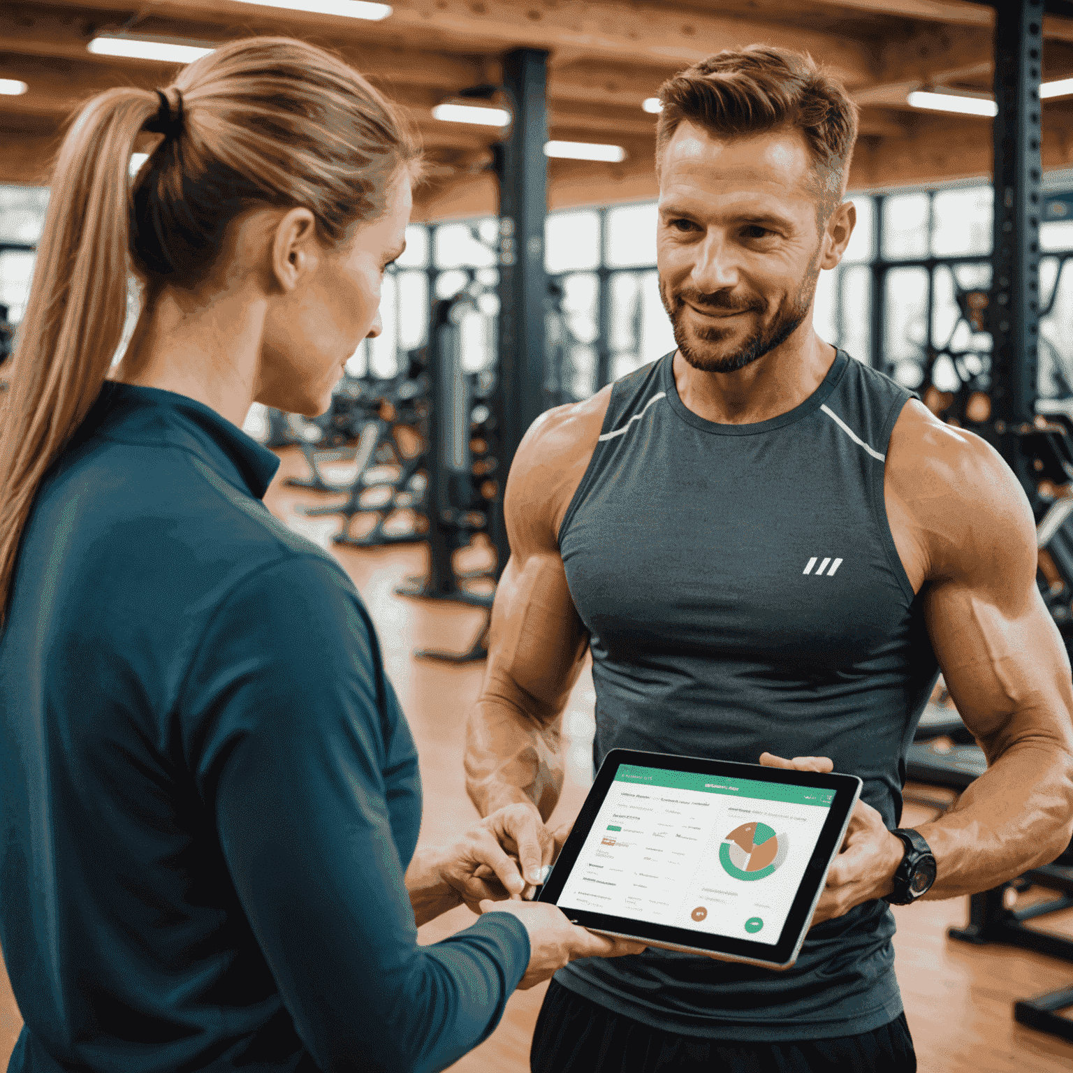 Ein Fitnesstrainer erklärt einem Kunden in Althütte einen personalisierten Trainingsplan. Der Trainer zeigt auf ein Tablet mit einem individuellen Fitnessplan, während der Kunde aufmerksam zuhört.