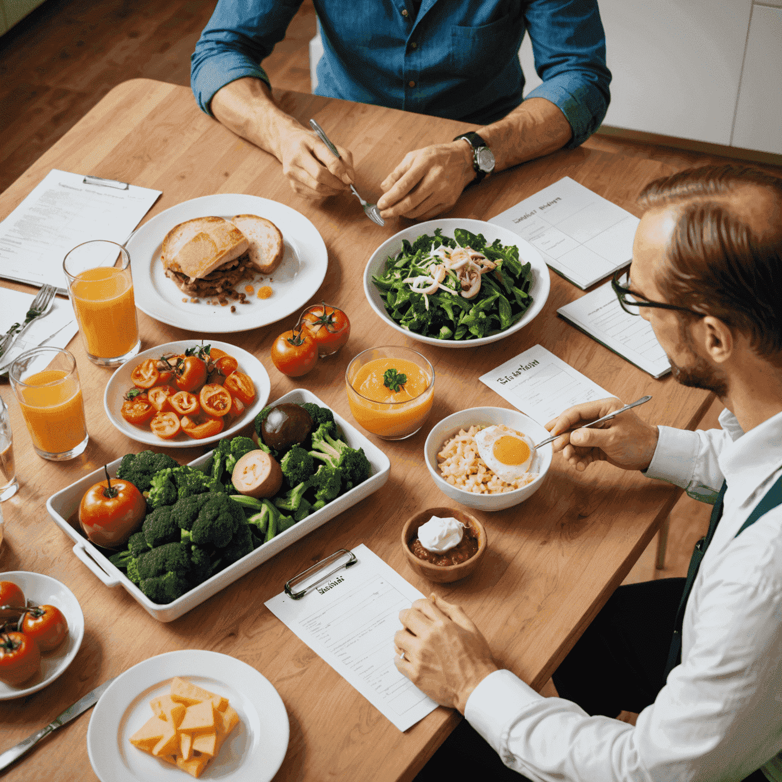 Ein Ernährungsberater erklärt einer Kundin einen ausgewogenen Ernährungsplan mit typisch deutschen Gerichten