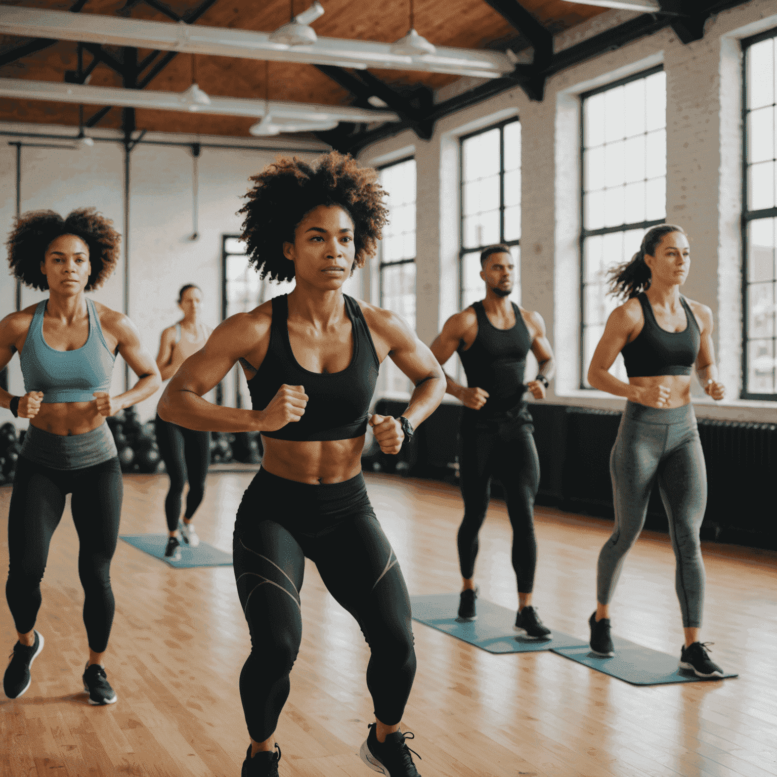Eine Gruppe von Menschen, die an einem energiegeladenen HIIT-Kurs teilnehmen. Sie führen Burpees in einem hellen, geräumigen Fitnessstudio aus.