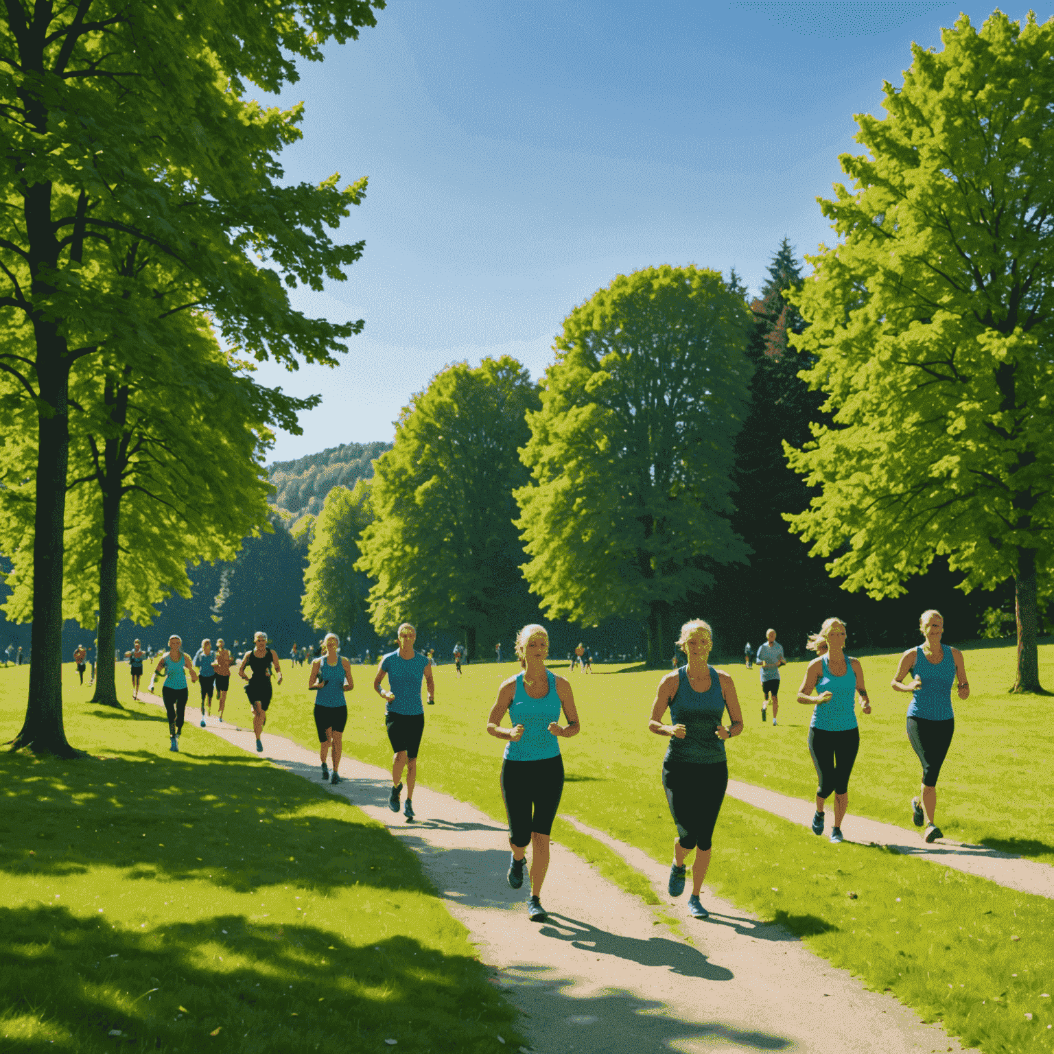 Gruppe von Menschen, die in einem malerischen Park in Baden-Württemberg Outdoor-Übungen machen. Im Hintergrund sind grüne Hügel und ein klarer blauer Himmel zu sehen.