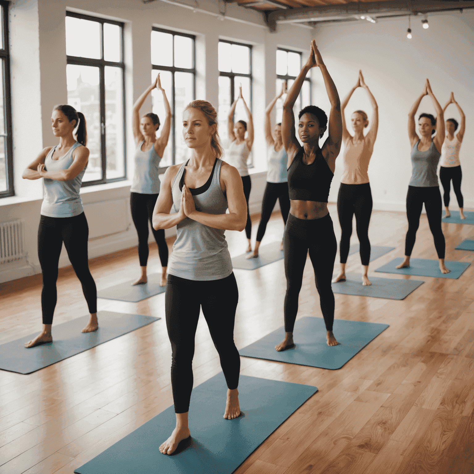 Eine Gruppe von Menschen, die an einer Dehnungsklasse teilnehmen. Sie stehen auf Yogamatten und führen verschiedene Dehnübungen durch.