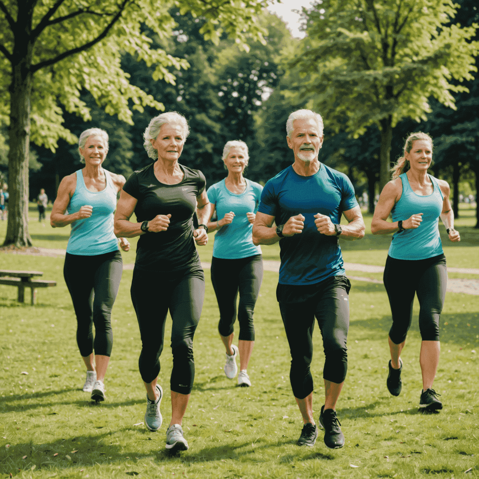 Eine Gruppe von Menschen verschiedenen Alters und Fitnessniveaus trainiert gemeinsam in einem Park in Althütte. Sie führen verschiedene Übungen aus, die Teil ihrer personalisierten Trainingspläne sind.