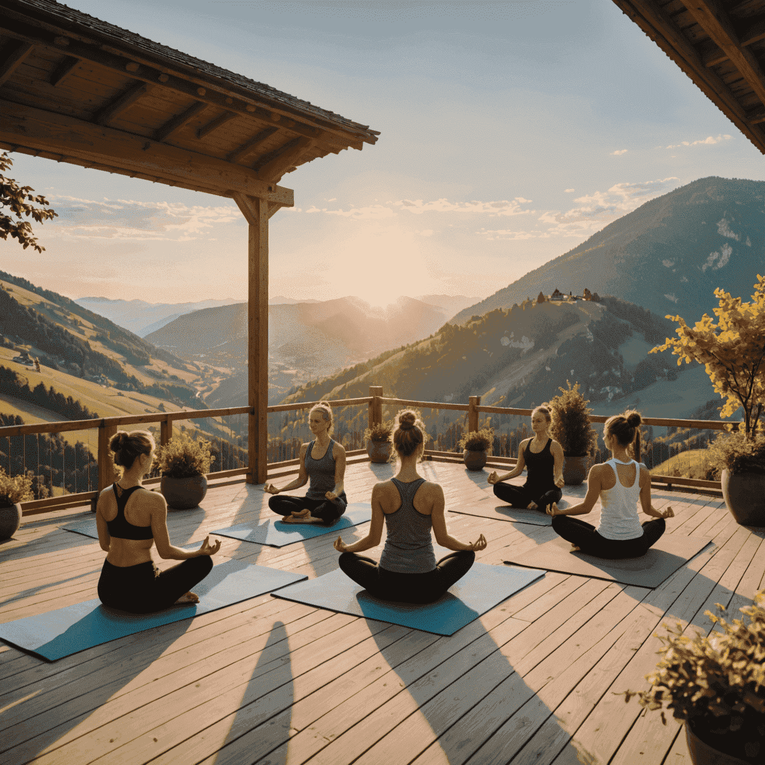 Eine Yogaklasse, die im Sonnenuntergang auf einer Terrasse mit Blick auf die Landschaft von Althütte praktiziert