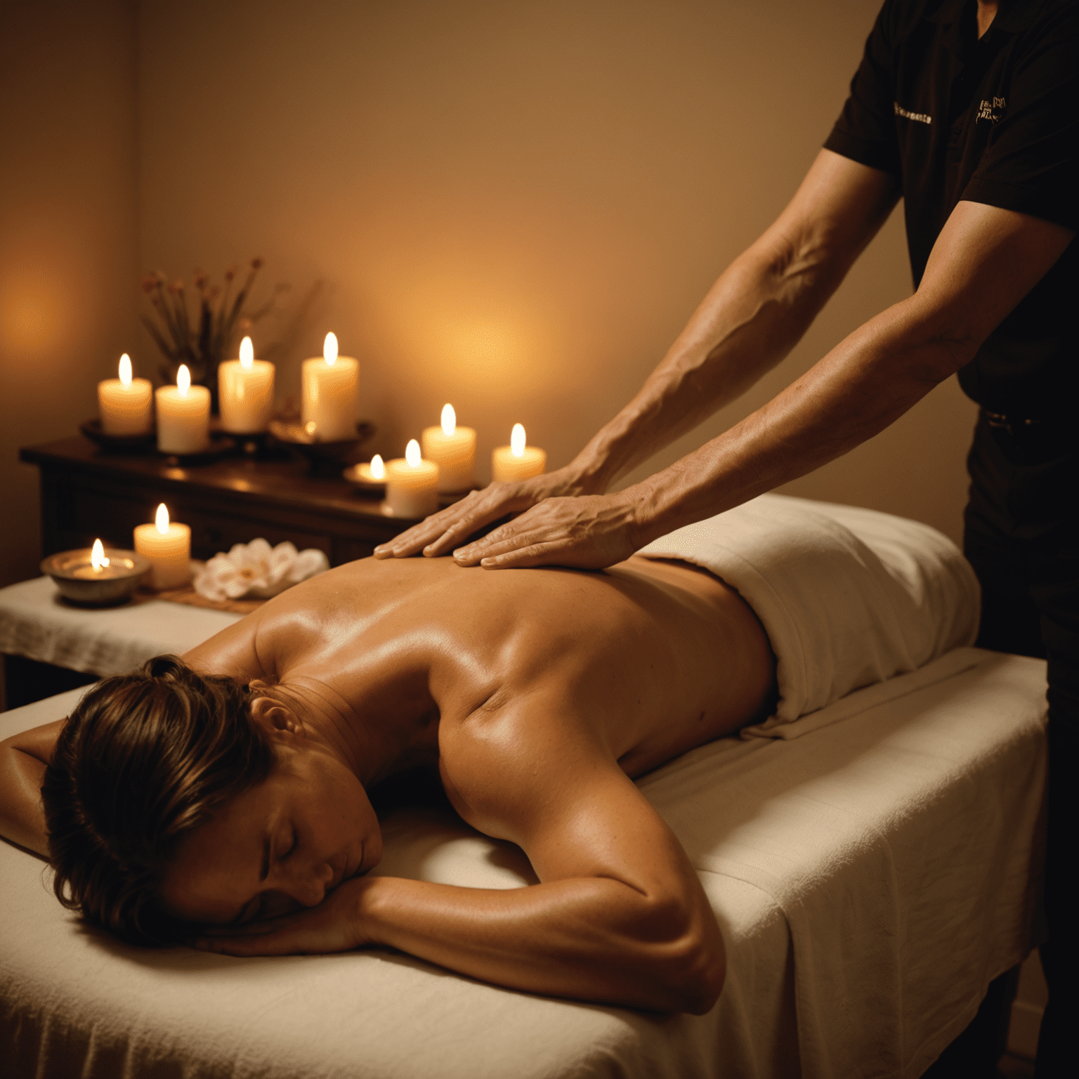 Ein Massagetherapeut führt eine Rückenmassage an einem Klienten durch. Der Raum ist beruhigend beleuchtet und mit Aromatherapie-Kerzen dekoriert.