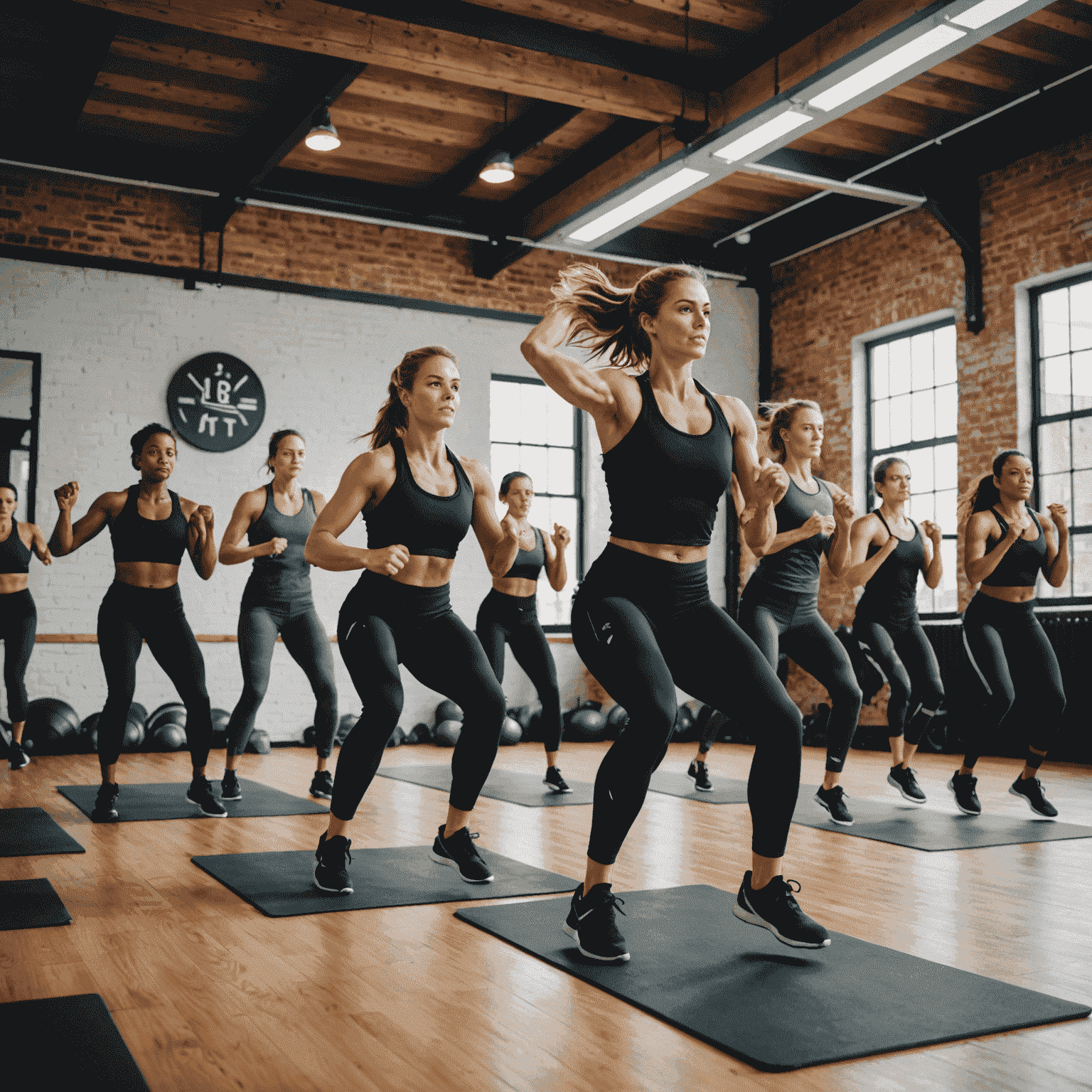 Eine intensive HIIT-Klasse in vollem Gange, mit Teilnehmern, die Sprünge und Kraftübungen ausführen