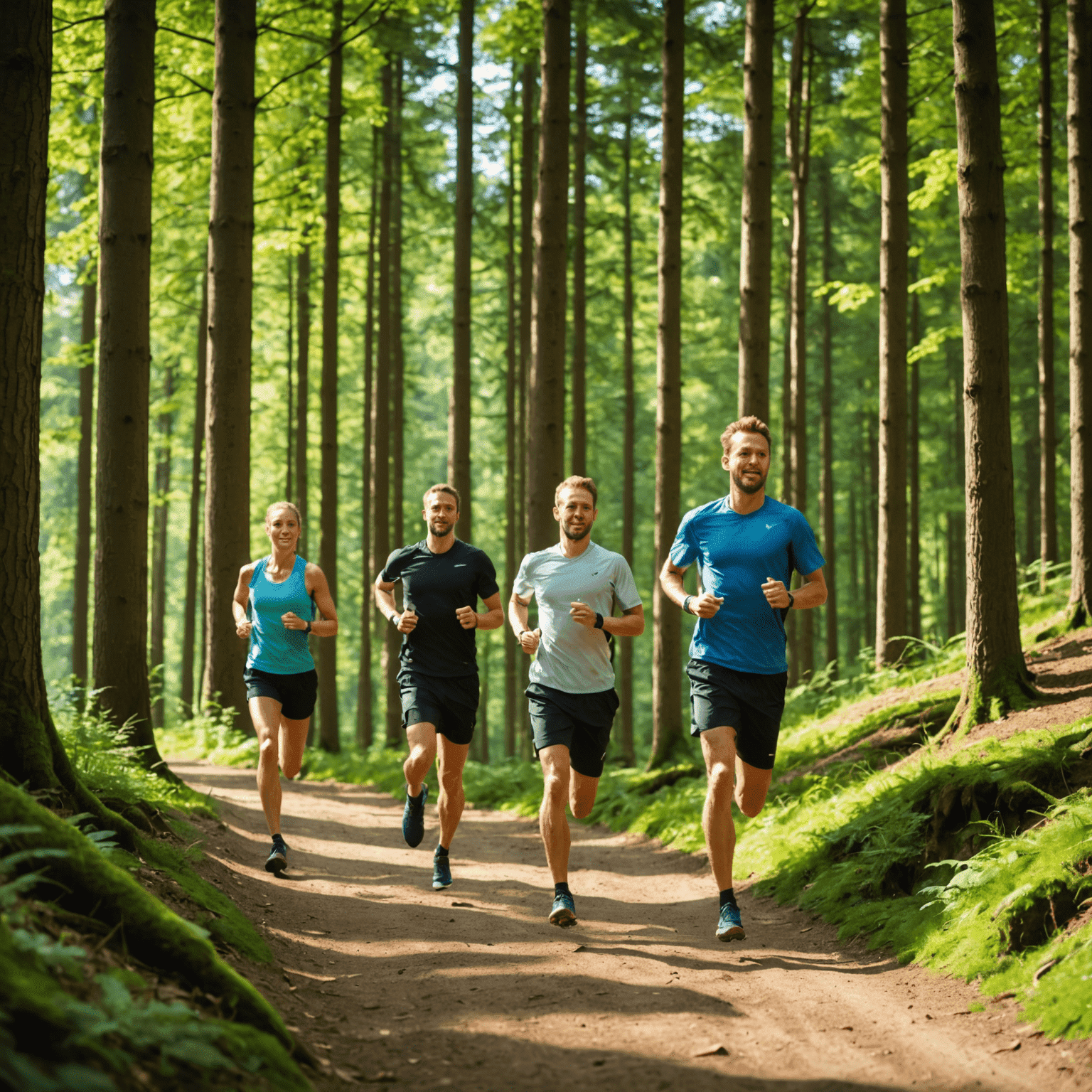 Laufgruppe auf einem malerischen Waldweg in Baden-Württemberg