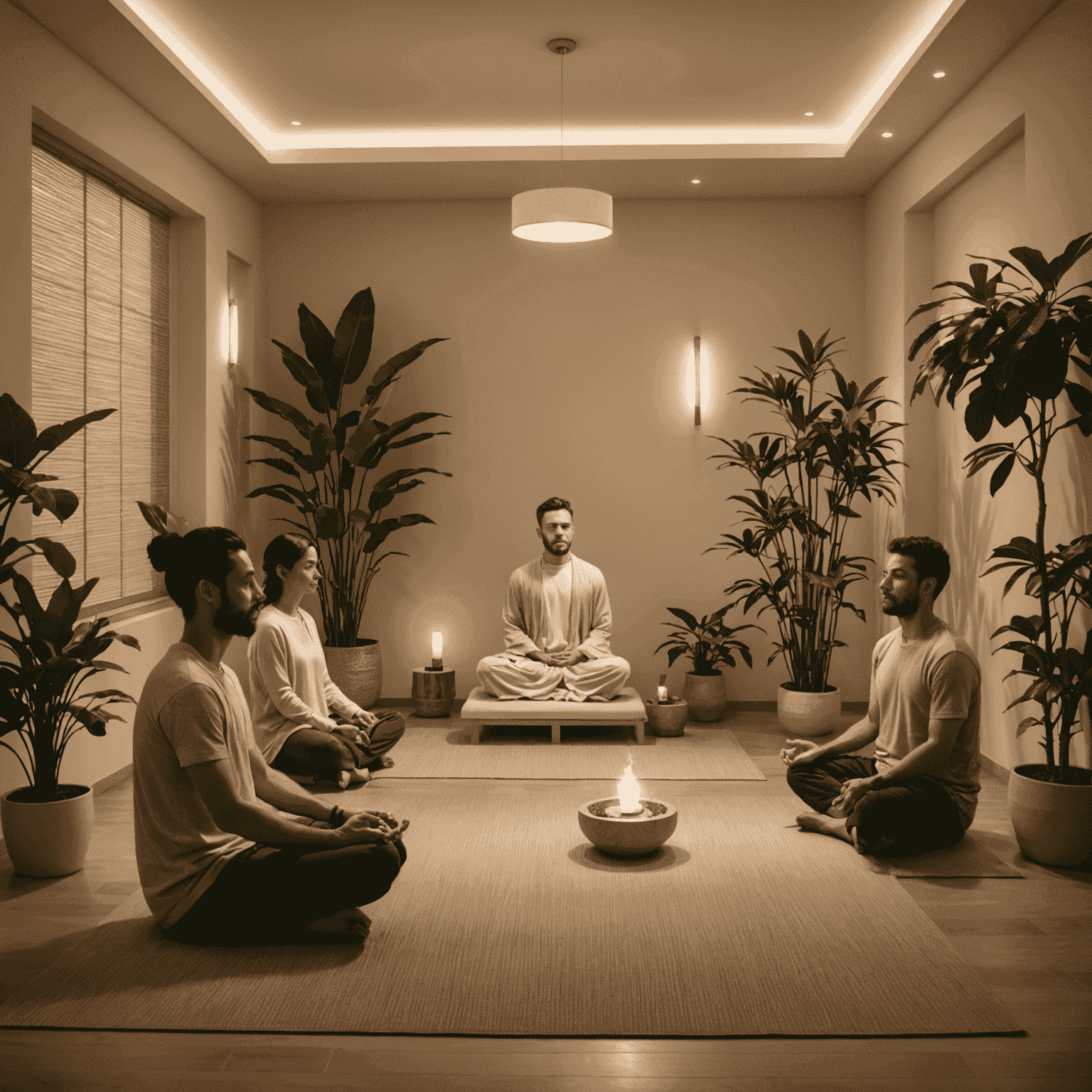 Ein ruhiger Meditationsraum mit Menschen, die in bequemen Positionen sitzen und Atemübungen praktizieren. Der Raum ist mit sanftem Licht und Pflanzen dekoriert.
