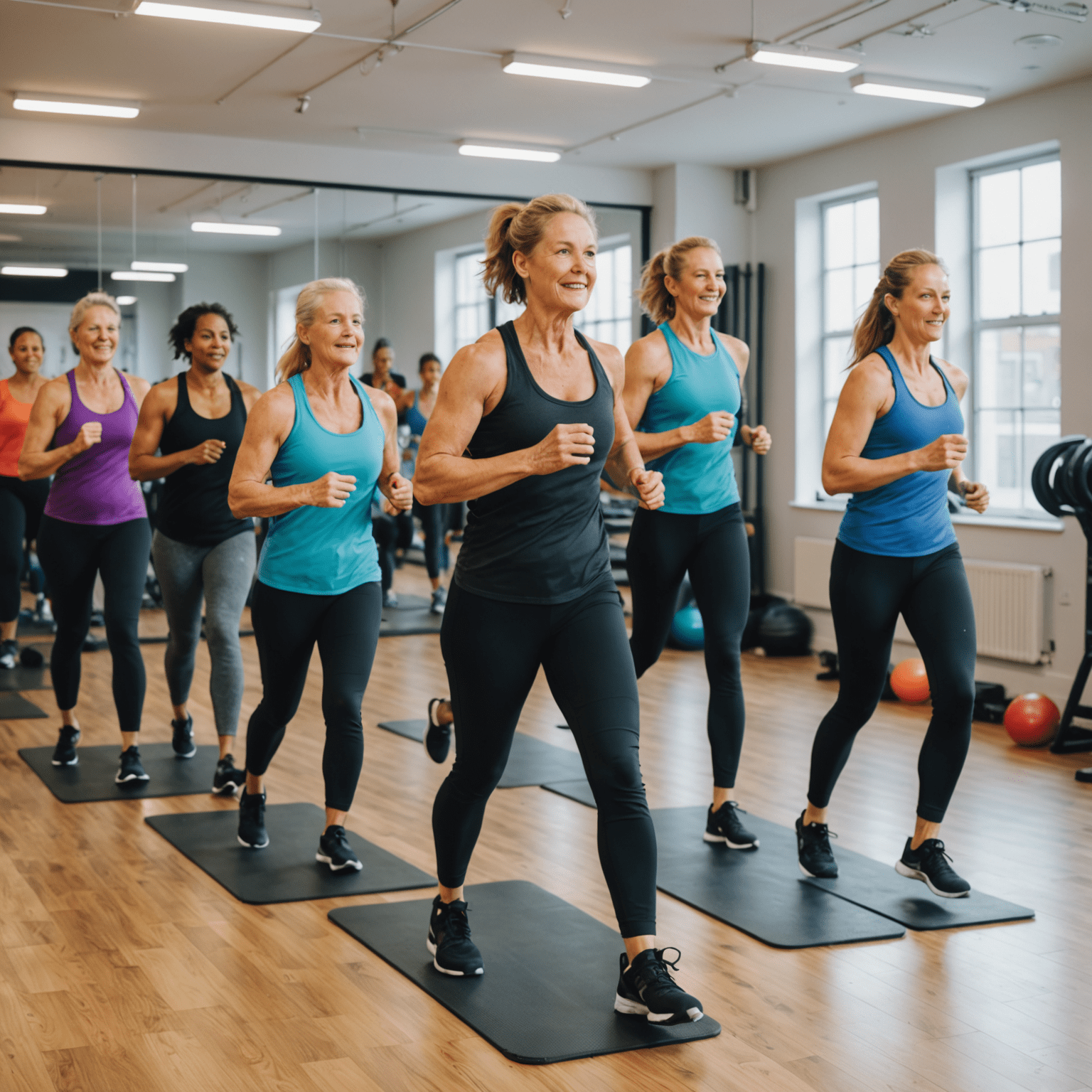 Eine energiegeladene Gruppenfitnessklasse in unserem Studio in der Pasewalker Straße, mit verschiedenen Altersgruppen und Fitnessniveaus