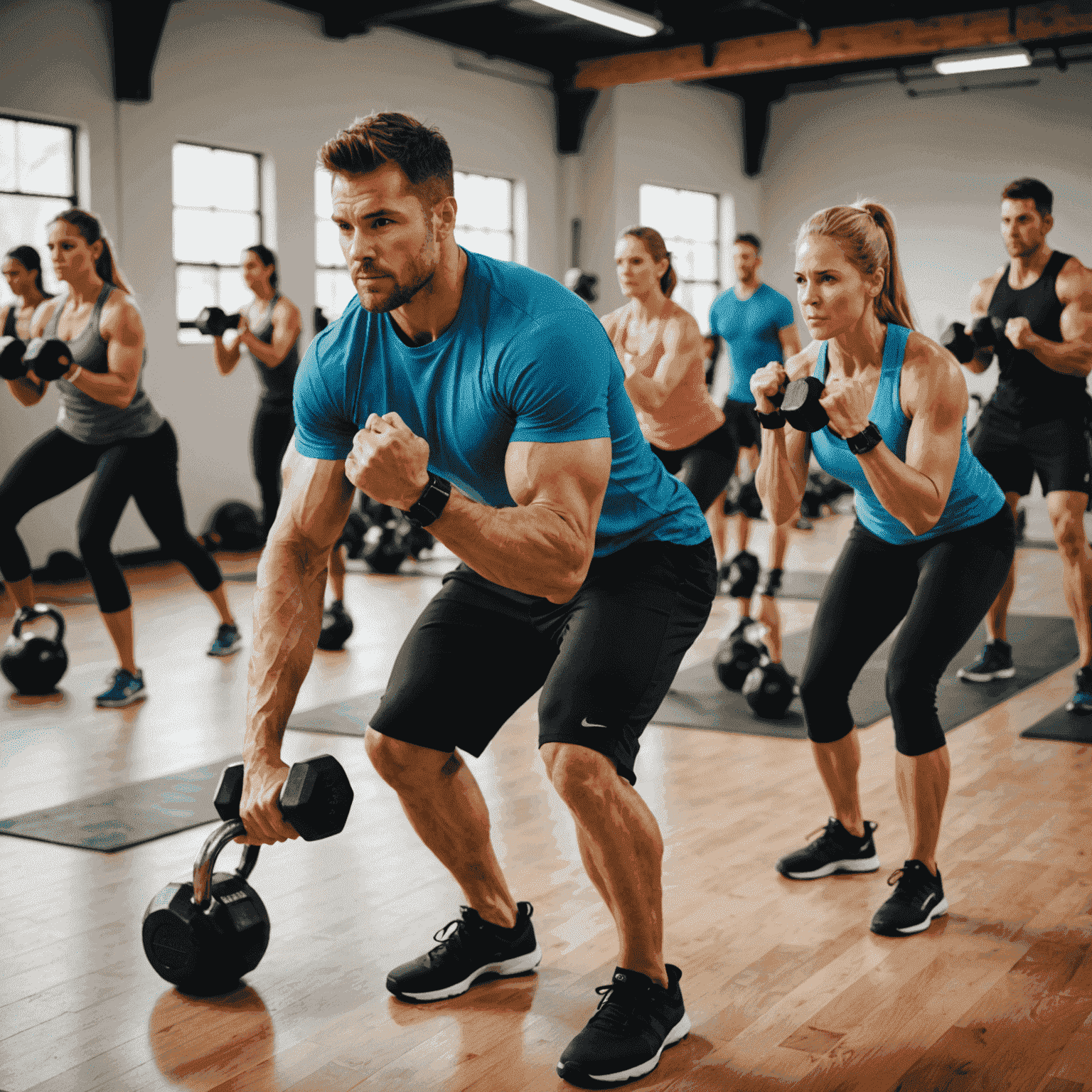 Eine Krafttrainingsklasse, in der Teilnehmer mit Hanteln und Kettlebells arbeiten