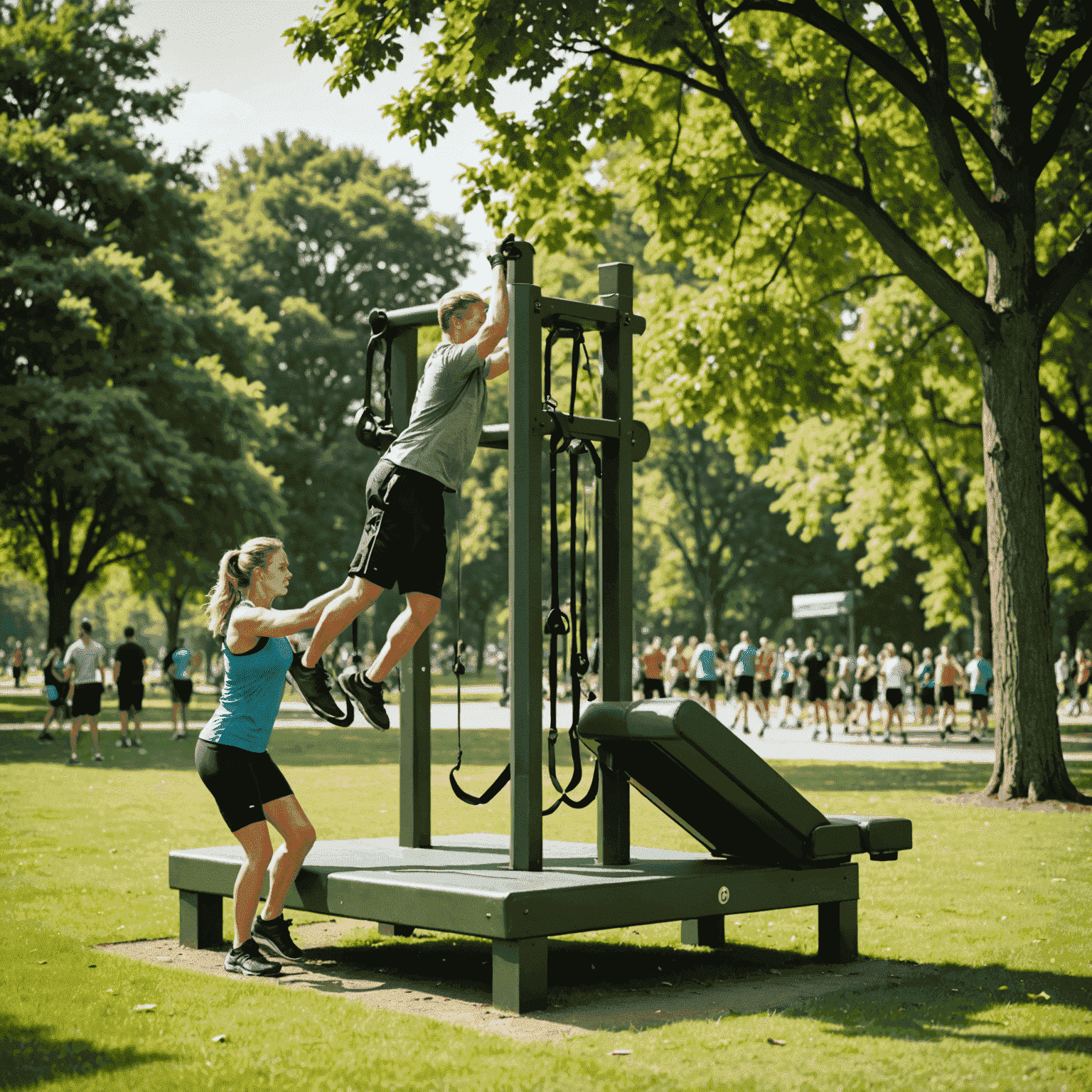 Bootcamp-Training in einem öffentlichen Park mit verschiedenen Übungsstationen