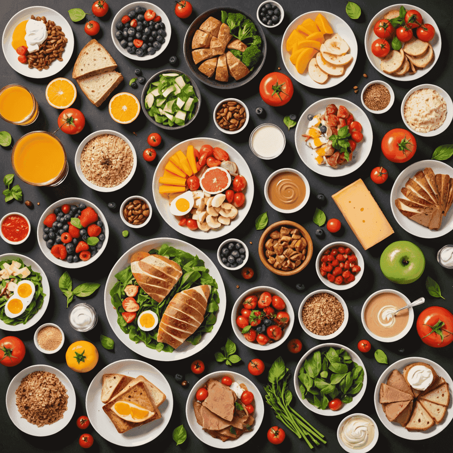Collage aus verschiedenen gesunden deutschen Lebensmitteln und Gerichten. Man sieht frisches Obst und Gemüse, Vollkornbrot, mageres Fleisch und Milchprodukte, angeordnet neben einem Trainingsplan und Fitnessgeräten.