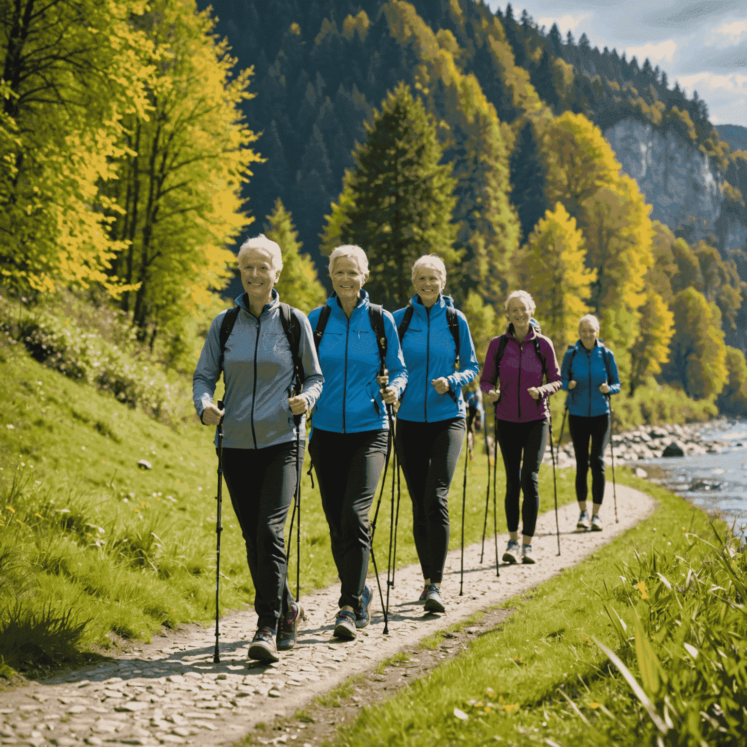 Gruppe beim Nordic Walking entlang eines malerischen Flussufers in Baden-Württemberg